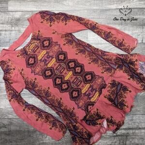 Free People Women's Open Back Long Sleeve Ruffle Bottom Boho Top Size XS